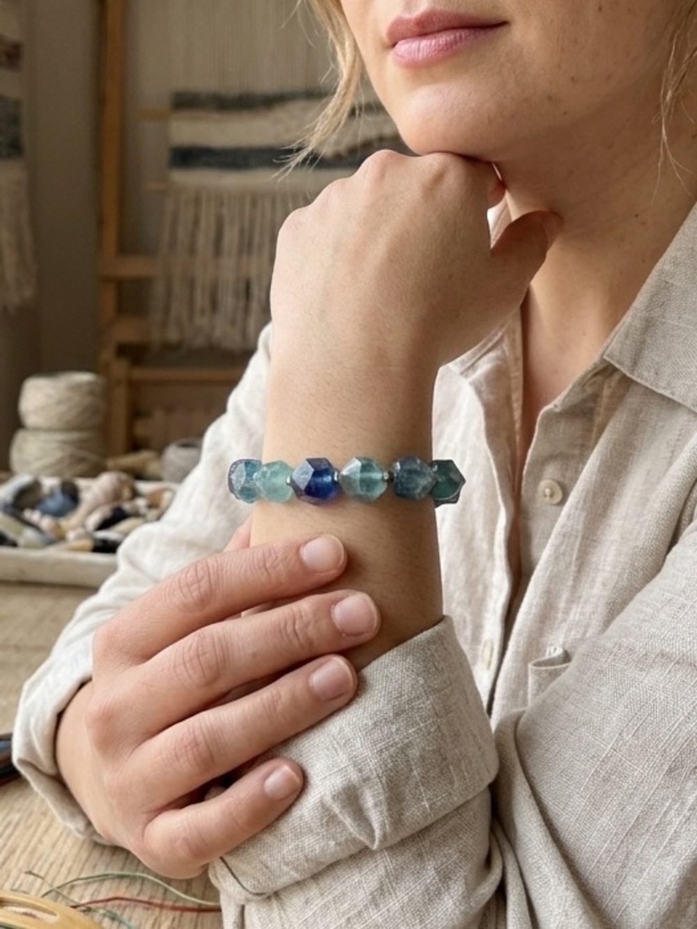 Faceted Blue Fluorite Beaded Bracelet